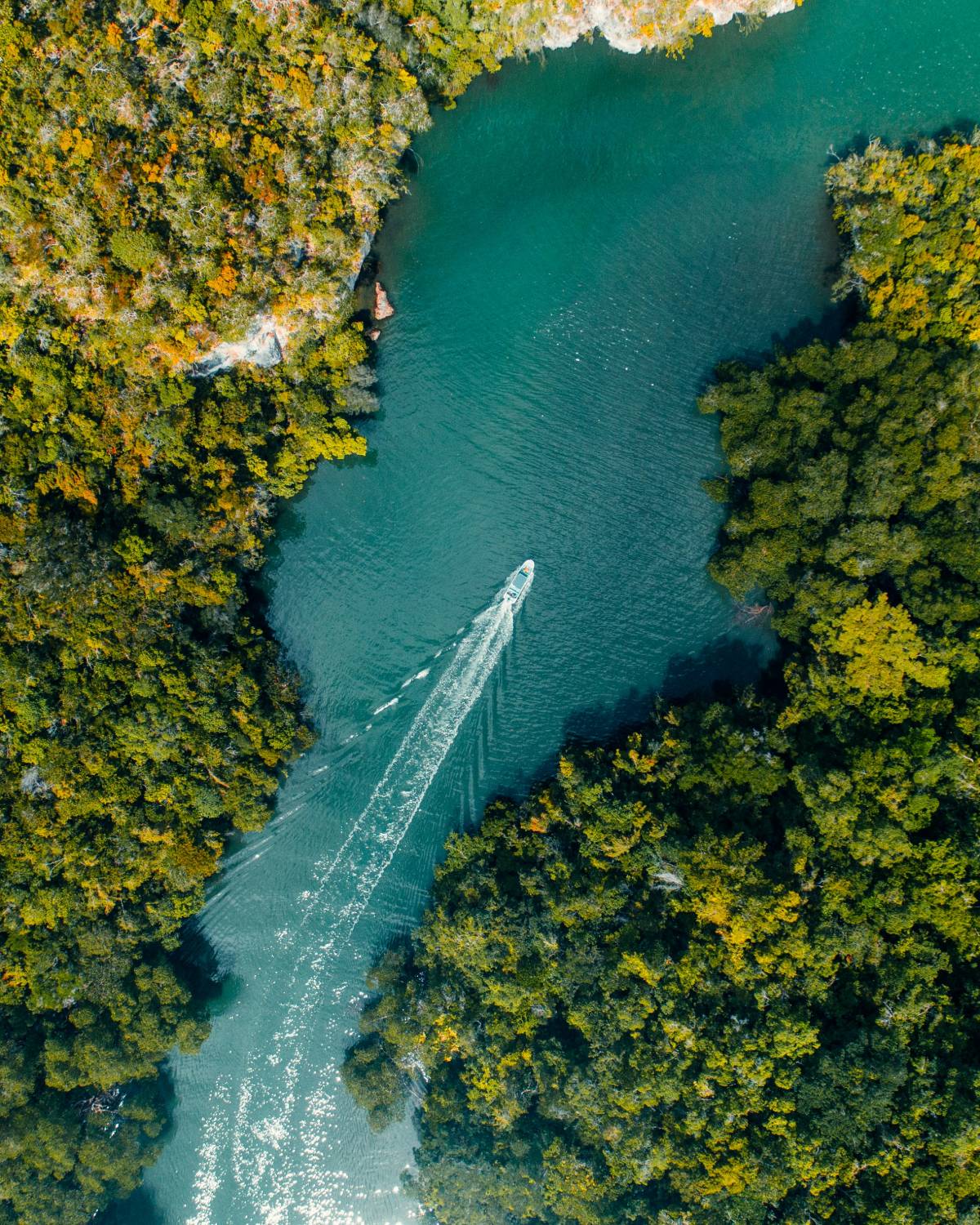 Vue du ciel d'un bateau qui remonte un chenal turquoise entre la mangrove et les falaises calcaires